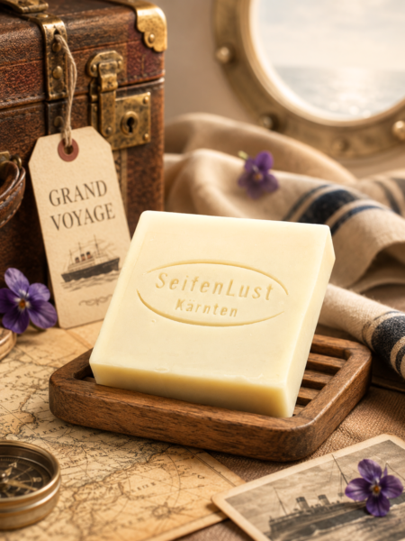 Grand Voyage historische Pflegeseife von SeifenLust mit nostalgischem Reisegepäck, Bullauge und Veilchen