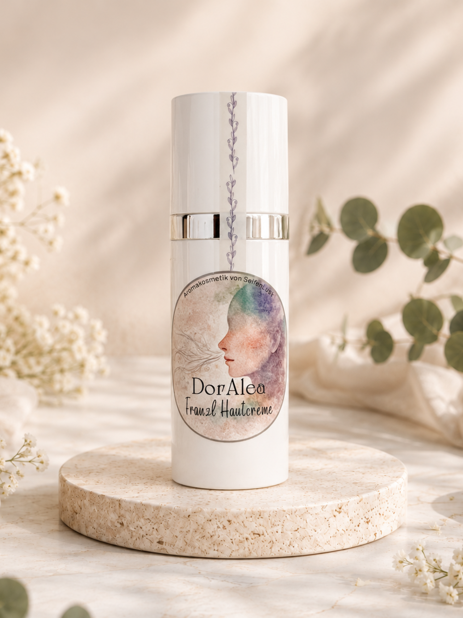 Franzl Hautcreme von DorAlea im 50-ml-Airless-Spender auf hellem Steinsockel