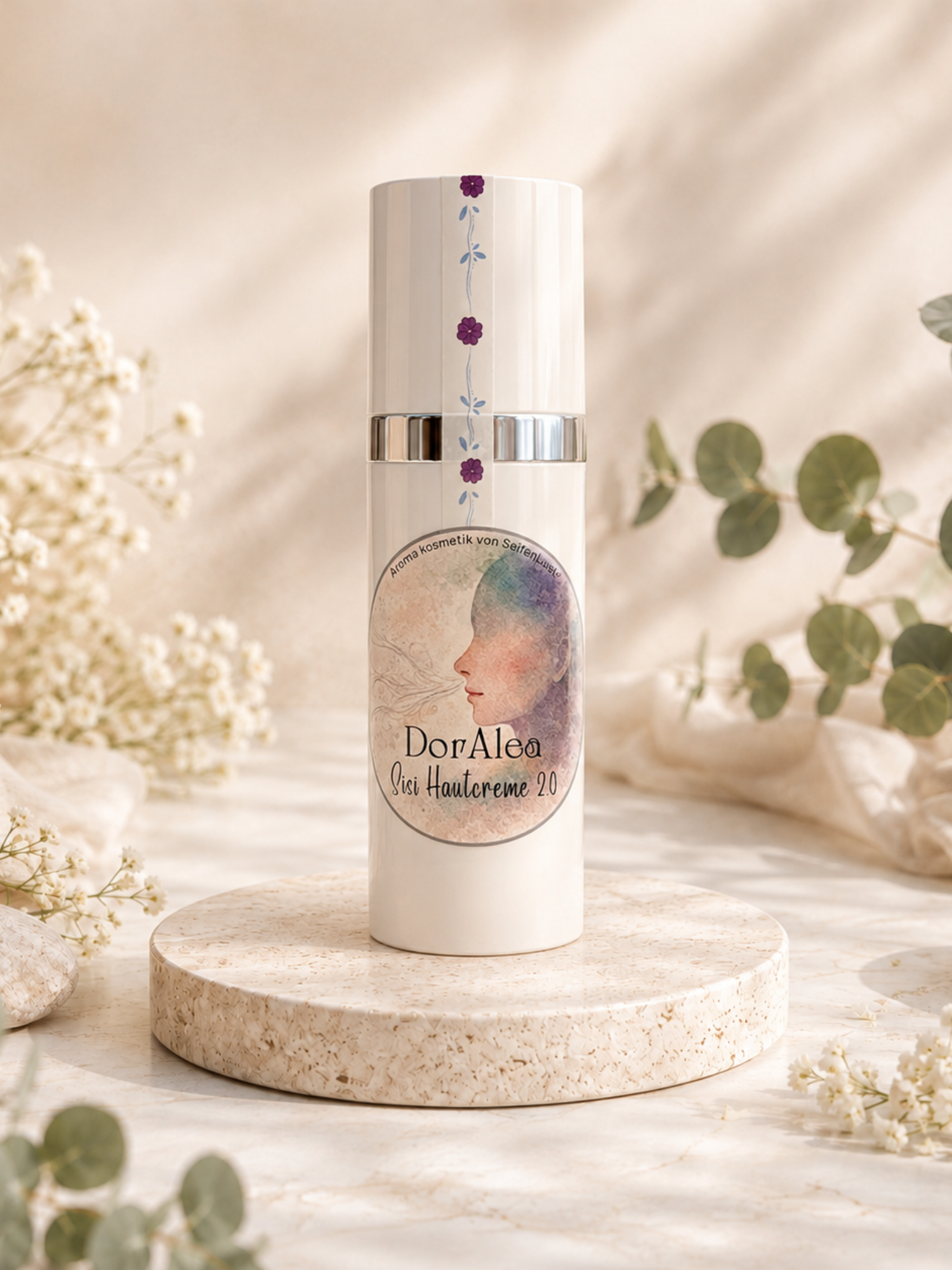 Sisi Hautcreme 2.0 von DorAlea im 50-ml-Airless-Spender auf hellem Steinsockel