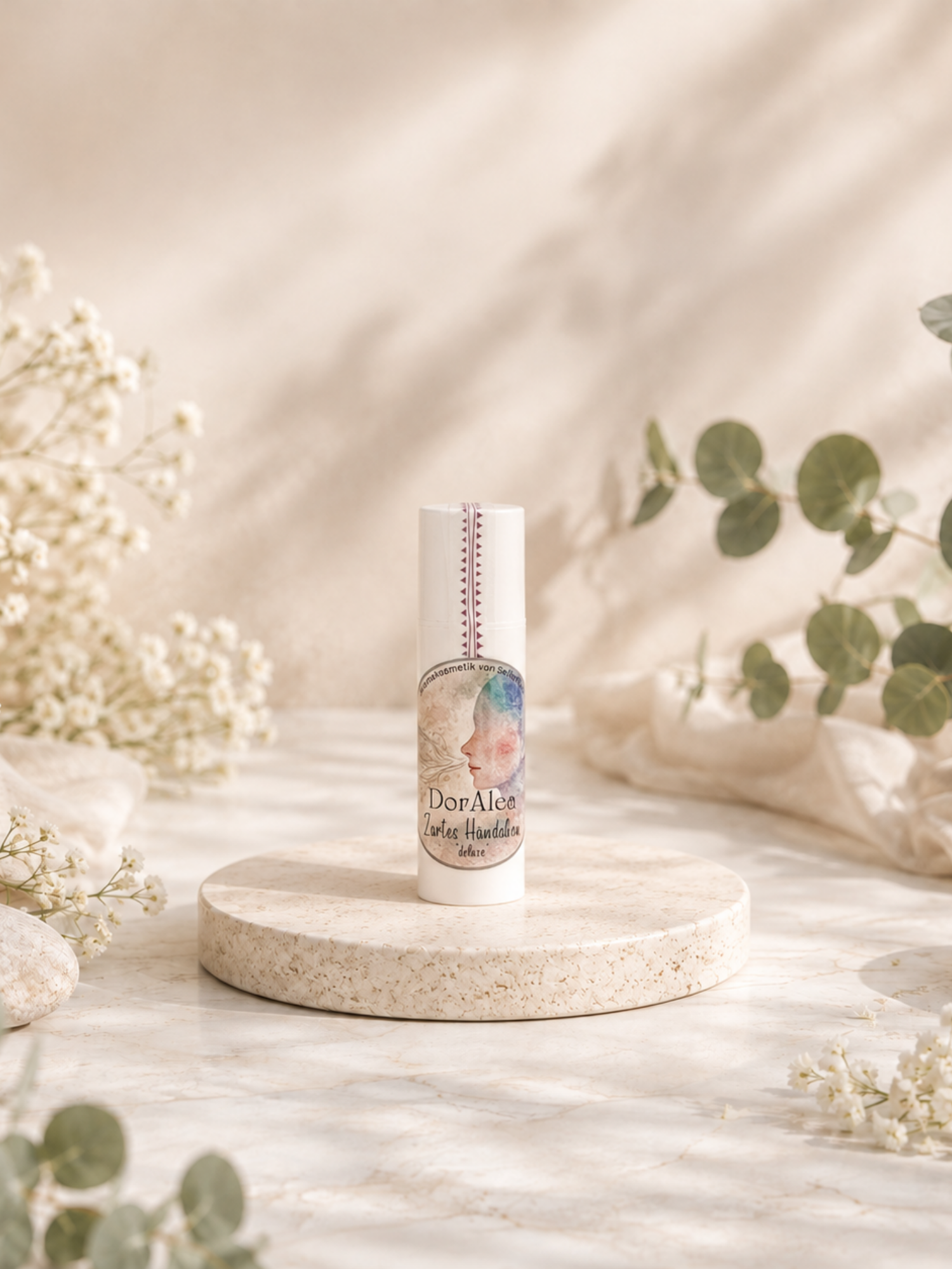 Zartes Händchen deluxe von DorAlea im 10-ml-Spender auf hellem Steinsockel