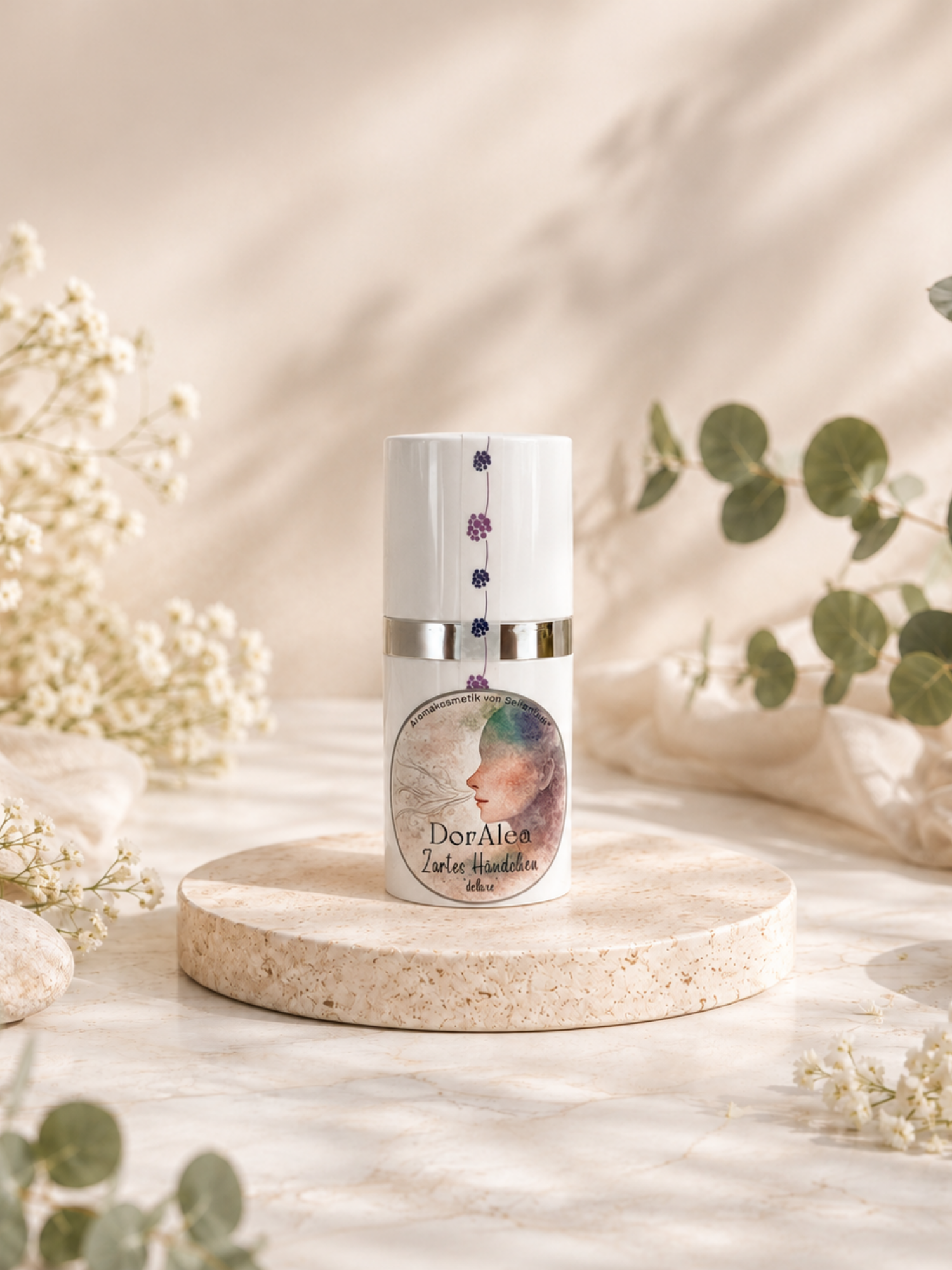 Zartes Händchen "deluxe" ist eine Handcreme von DorAlea im 30ml Airless-Spender auf hellem Steinsockel