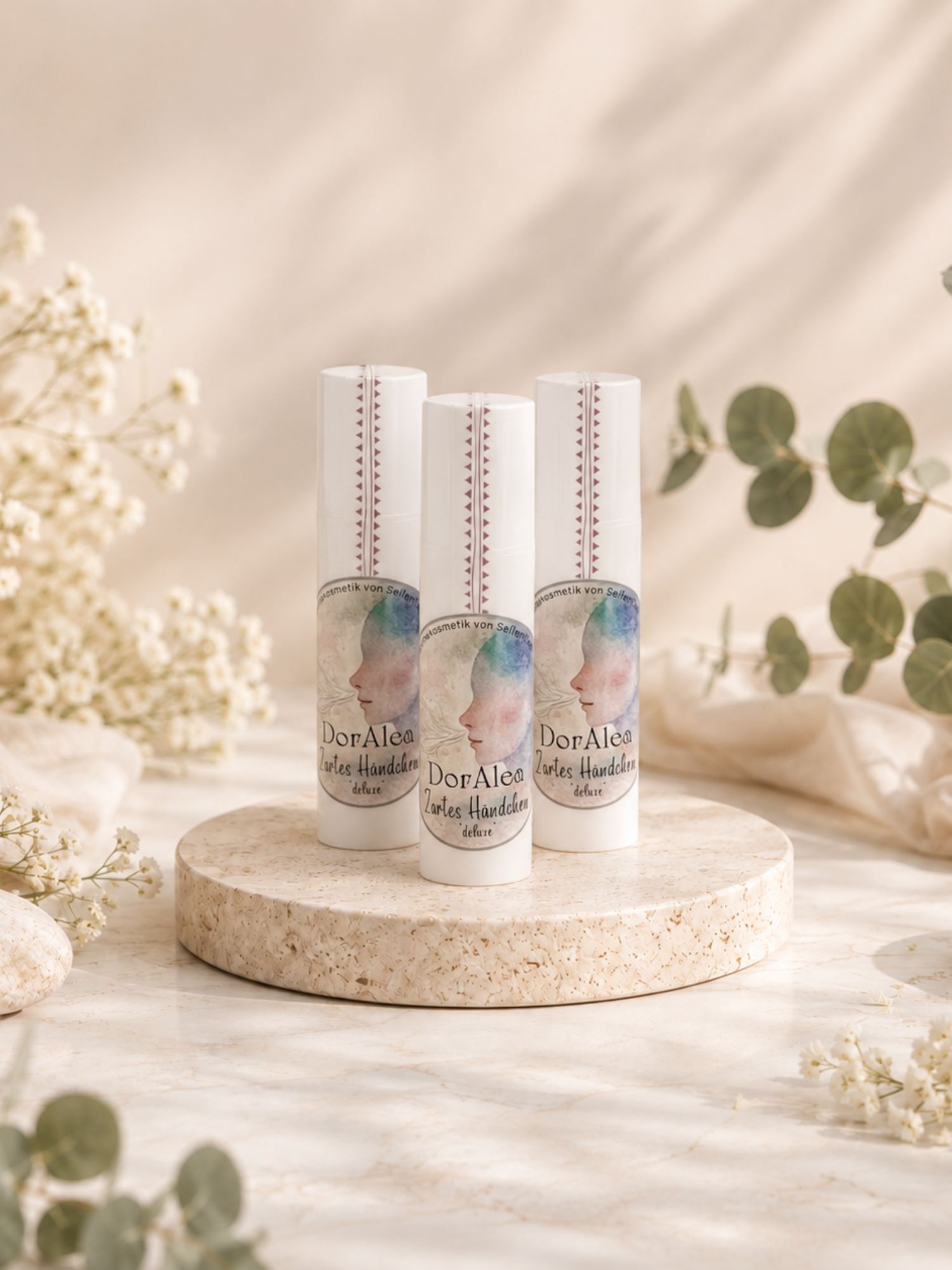 Zartes Händchen deluxe von DorAlea als 3 x 10-ml-Set auf hellem Steinsockel