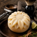 Rasierseife von SeifenLust® in Blütenform mit Rasierpinsel, Rasierhobel und Duftnoten von Zedernholz, Patchouli und Bergamotte.