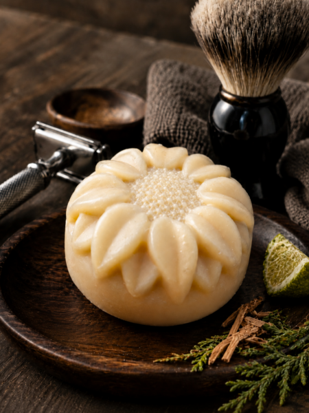 Rasierseife von SeifenLust® in Blütenform mit Rasierpinsel, Rasierhobel und Duftnoten von Zedernholz, Patchouli und Bergamotte.