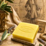 Savon-du-Soleil von SeifenLust® vor historischer Kulisse mit Ludwig XIV., Marseille-Motiv und Olivenzweigen