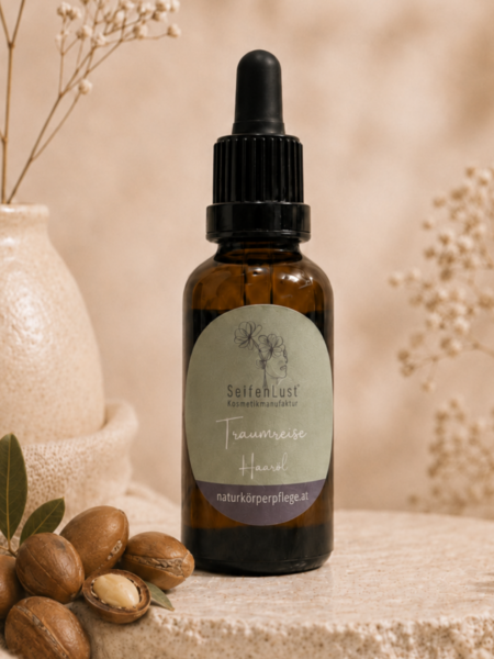 Haaröl "Traumreise" für lockiges Haar von SeifenLust® in Braunglasflasche mit Glaspipette