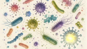 Aquarellillustration verschiedener Bakterien, Viren und Mikroorganismen zum Thema Händehygiene und Hautmikrobiom