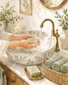Aquarellillustration eines stilvollen Waschtischs mit dekorativem Waschbecken, Frauenhänden beim Händewaschen mit fester Seife und salbeigrünen Handtüchern in einem Korb