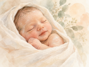 Aquarellillustration eines Neugeborenen mit sichtbarer Vernix caseosa auf Stirn und Schulter, eingehüllt in ein helles Tuch.